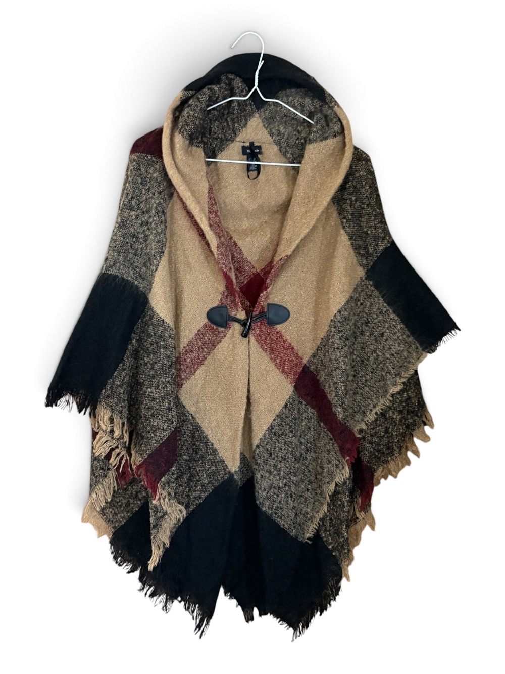 NWOT Hooded Plaid Toggle Poncho - Tan, Black & Burgundy